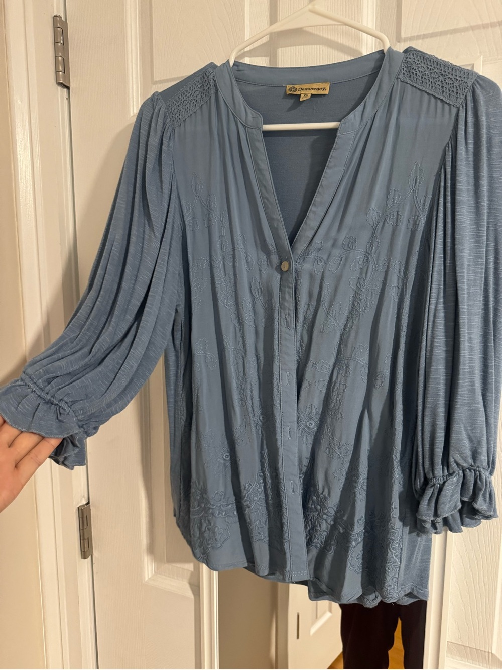Democracy Dusty Blue Embroidered V-Neck Peasant Blouse